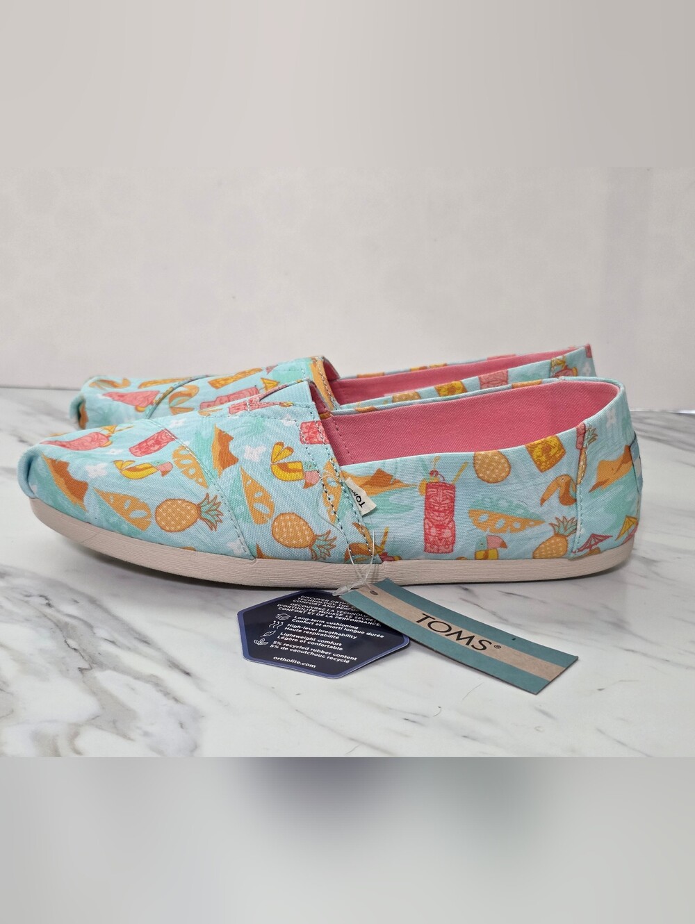 TOMS Aqua Tropical Pineapple Canvas Slip-Ons with Pink Lining